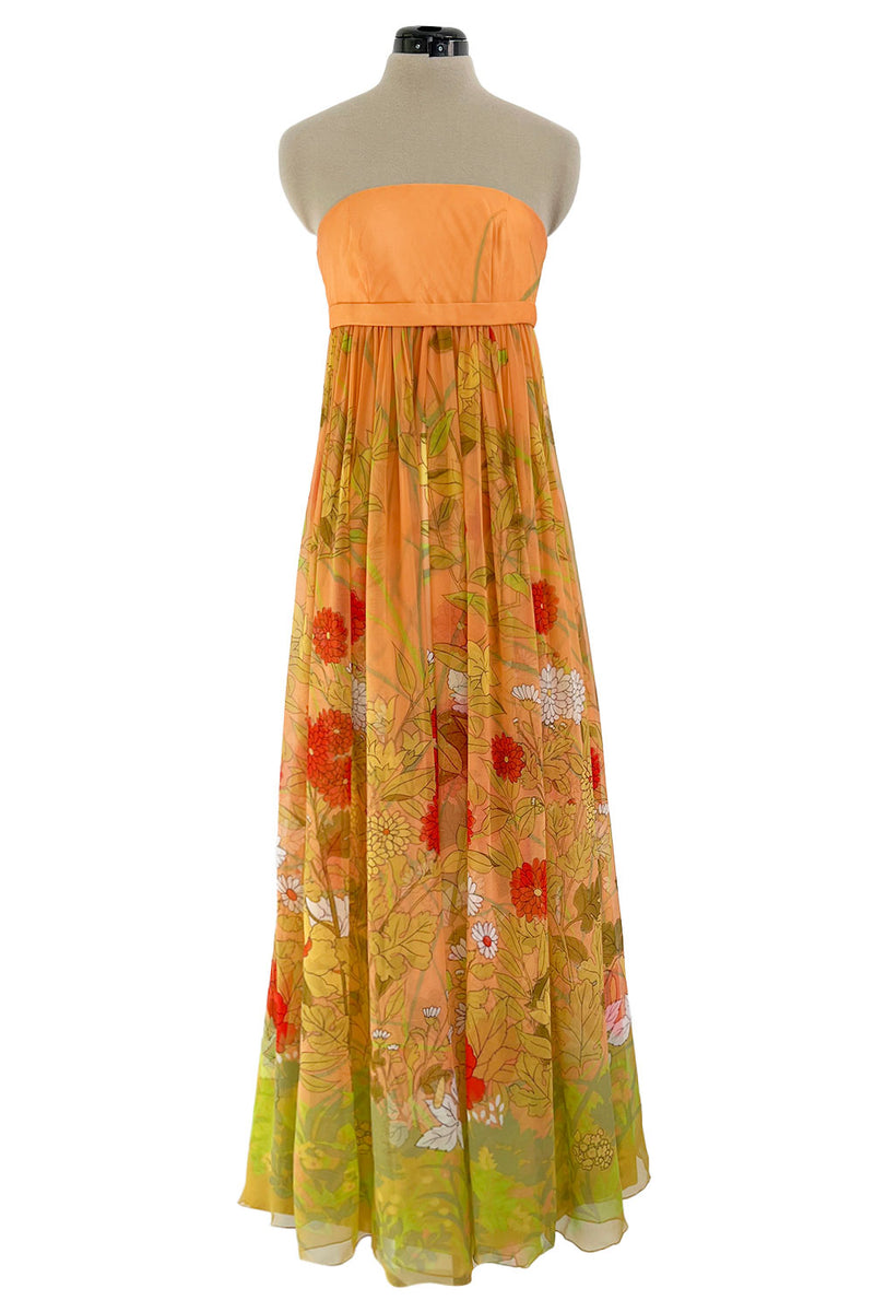 Gorgeous 1968 Hanae Mori Strapless Pastel Peach Floral Print Chiffon & Silk Dress w Shawl