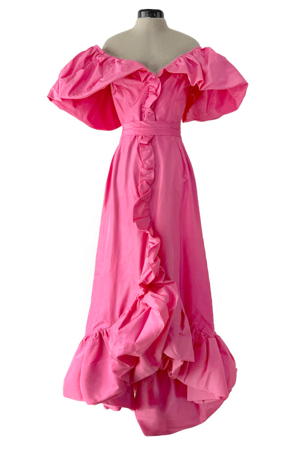 1980s Unlabeled Demi-Couture Pink Silk Dress w Ruffled Front & Caped Shoulders