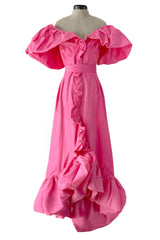 1980s Unlabeled Demi-Couture Pink Silk Dress w Ruffled Front & Caped Shoulders
