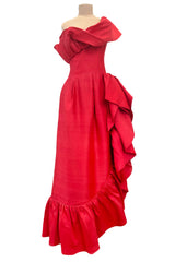 Prettiest 1970s Loris Azzaro Red Silk Bazaar One Shoulder Dress w Ruffled Detailing & Side Bow