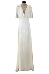 Minimalist 2011 Alexander McQueen Bias Cut Liquid Silk Satin Ivory Dress w Amazing Sleeves
