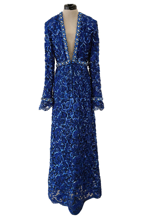 Documented 1970 Oscar de la Renta Brilliant Blue Sequin & Rhinestone Plunge Dress