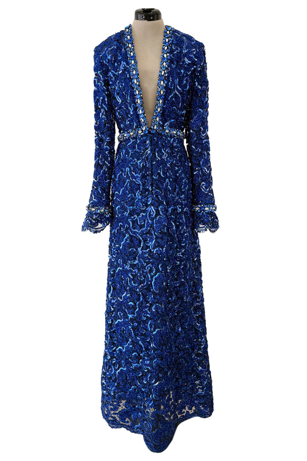 Documented 1970 Oscar de la Renta Brilliant Blue Sequin & Rhinestone Plunge Dress