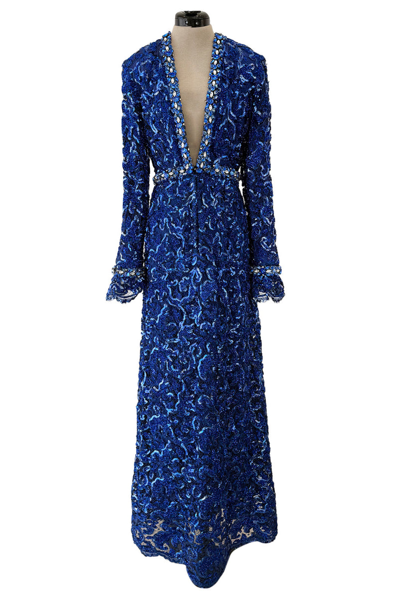 Documented 1970 Oscar de la Renta Brilliant Blue Sequin & Rhinestone Plunge Dress