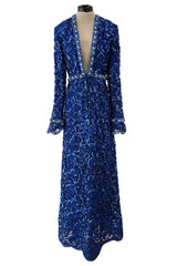 Documented 1970 Oscar de la Renta Brilliant Blue Sequin & Rhinestone Plunge Dress