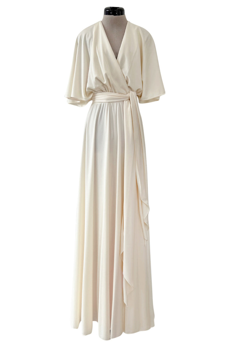 1970s Halston Draped Minimal Seamed Ivory Jersey Wrap Over Dress w Full Sleeves