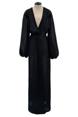 Incredible Spring 1978 Halston IV Plunged & Pleated Black Wrap Runway Dress w Balloon Sleeves