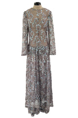Prettiest 1970s Unlabeled Pale Grey Lace & Blue Grey Glossy Sequin Drop Waist Dress