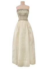 Exceptional 1959 Balenciaga Haute Couture Strapless Ivory Silk Chiffon w Metallic Embroidery