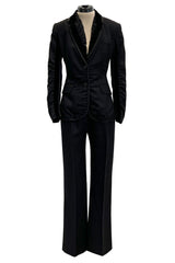 Chic Fall 2002 Yves Saint Laurent by Tom Ford Black Pant Suit w Velvet Trim & Curved Sleeves
