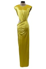 Incredible 1990s Gianni Versace Chartreuse Stretch Dress w Side Cut Out & Slit