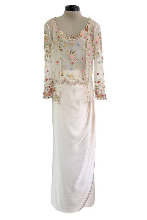 Prettiest Spring 2000 Original Valentino Runway Look 84 Embroidered Camisole, Jacket & Silk Skirt Set
