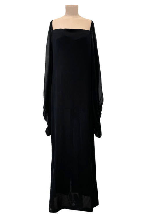 Minimalist c.1978 Pierre Cardin Haute Couture Black Silk Chiffon Dress w Huge Balloon Sleeves