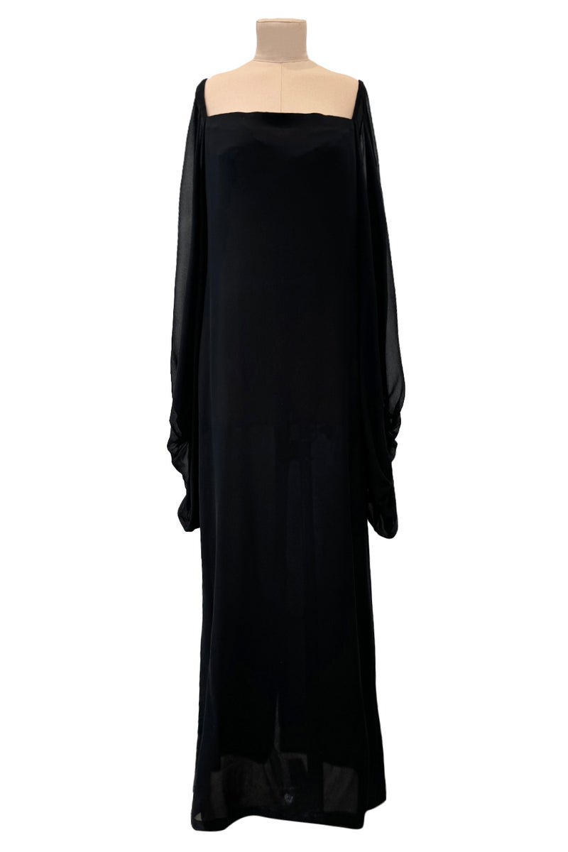 Minimalist c.1978 Pierre Cardin Haute Couture Black Silk Chiffon Dress w Huge Balloon Sleeves