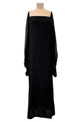 Minimalist c.1978 Pierre Cardin Haute Couture Black Silk Chiffon Dress w Huge Balloon Sleeves
