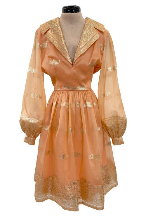 Prettiest 1960s Oscar De La Renta Peach Iridescent Silk Organza Dress w Gold Thread Detailing