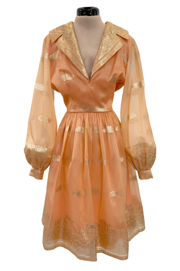 Prettiest 1960s Oscar De La Renta Peach Iridescent Silk Organza Dress w Gold Thread Detailing