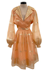 Prettiest 1960s Oscar De La Renta Peach Iridescent Silk Organza Dress w Gold Thread Detailing