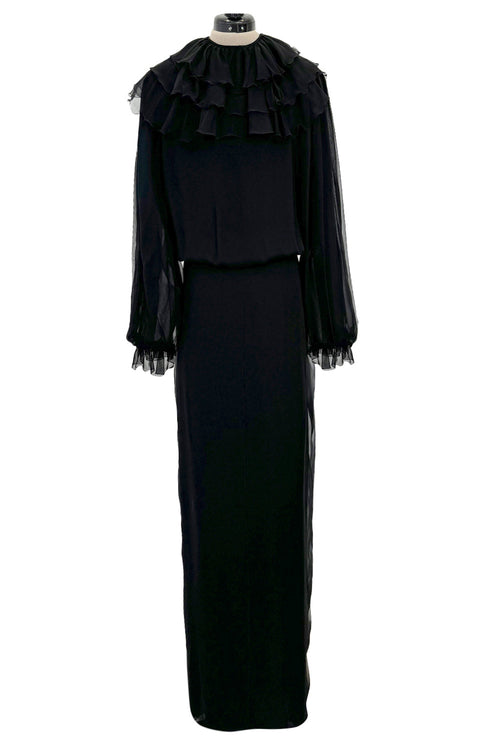 Beautiful 1970s James Galanos Couture Black Silk Chiffon Bias Cut Dress w Removeable Ruffled Collar
