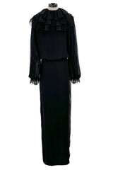 Superb Late 1970s James Galanos Multi Layer Black Silk Chiffon Dress w Removeble Ruffled Collar
