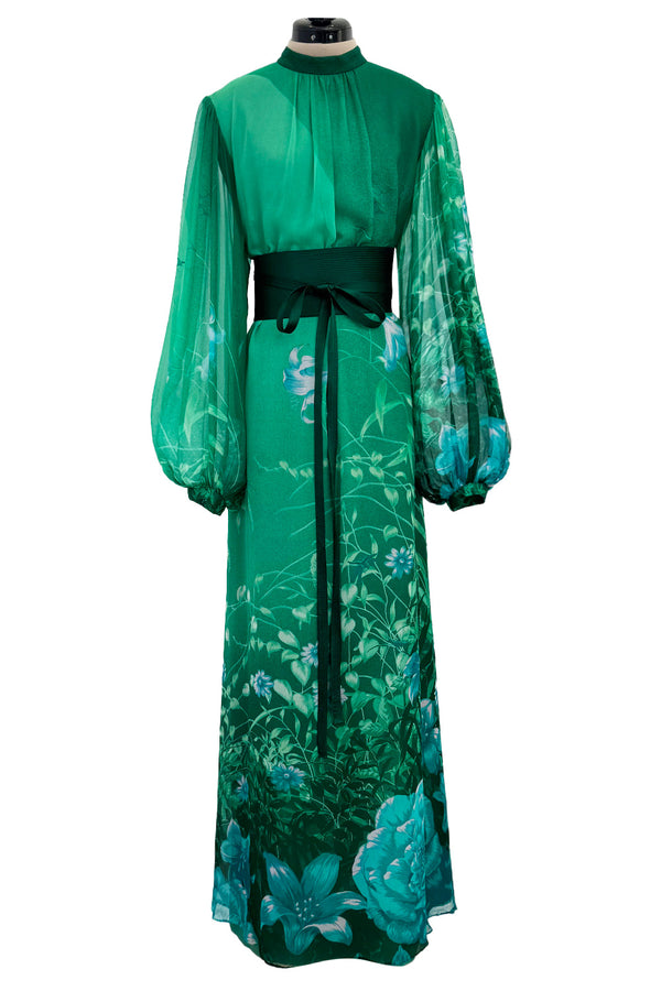 Stunning 1970s Hanae Mori Green Extensive Floral Print Green Silk Chiffon Dress w Balloon Sleeves & Belt