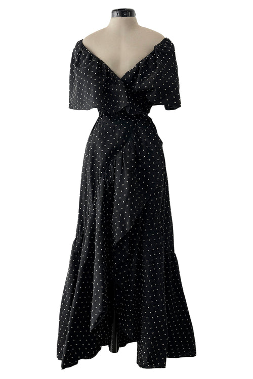 Dreamy 1981 Halston White Embroidered Dot on Black Wrap Off Shoulder Dress w Caped Neckline