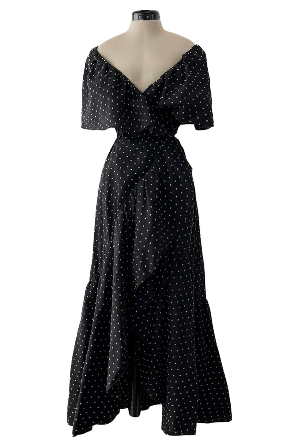 Dreamy 1981 Halston White Embroidered Dot on Black Wrap Off Shoulder Dress w Caped Neckline
