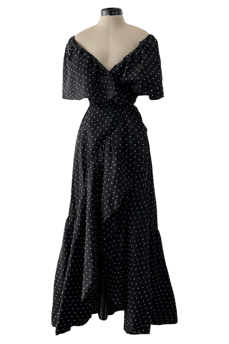 Dreamy 1981 Halston White Embroidered Dot on Black Wrap Off Shoulder Dress w Caped Neckline