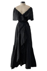 Dreamy 1981 Halston White Embroidered Dot on Black Wrap Off Shoulder Dress w Caped Neckline