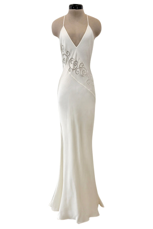 1990s Gianni Versace Ivory Bias Cut Silk Lace Slip w Embroidered Edge Cut Outs