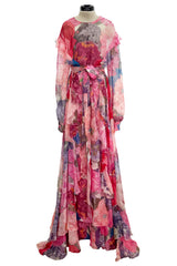 c. Resort 2020 Valentino by Pierpaolo Piccioli Ruffle Detailed Silk Chiffon Floral Caftan Dress w Tie Belt