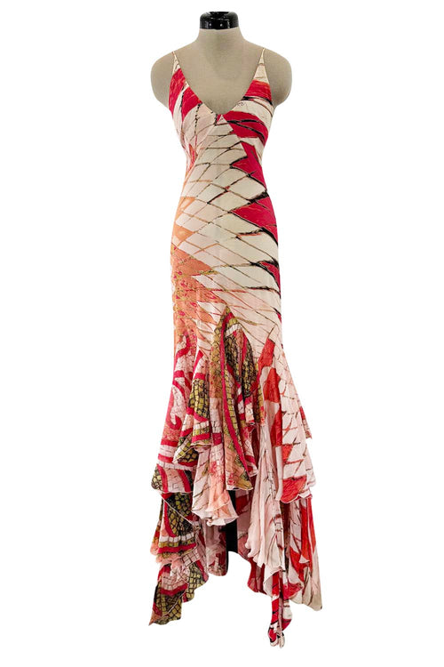 Rare Spring 2004 Roberto Cavalli Runway Look 23 Feather Light Silk Coral & Gold Print Dress