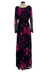 Gorgeous 1970s James Galanos Demi-Couture Silk Chiffon Dress w Vivid Pink Flower Print