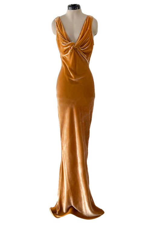 Magical Fall 2005 John Galliano Deep Golden Coloured Bias Cut Velvet Dress w Front Knot Detail