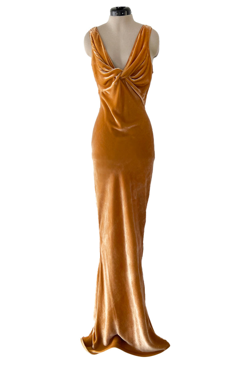 Magical Fall 2005 John Galliano Deep Golden Coloured Bias Cut Velvet Dress w Front Knot Detail
