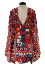 Fantastic 1970 Thea Porter w Documented Print by Sandra Munro Silk Chiffon Mini Dress w Ultra Wide Sleeves