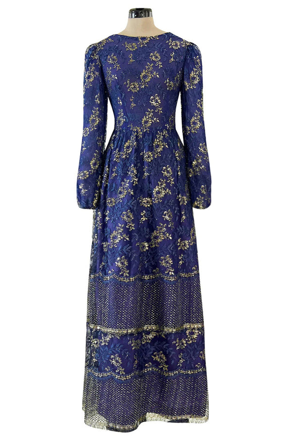 1970s Lanvin by Jules-Francois Crahay Demi-Couture Metallic Gold Detailing Blue Dress