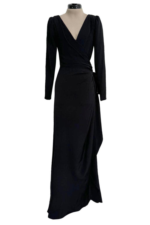 Exceptional Fall 1983 Yves Saint Laurent Haute Couture Runway Black Silk Wrap Dress w Bow Detail