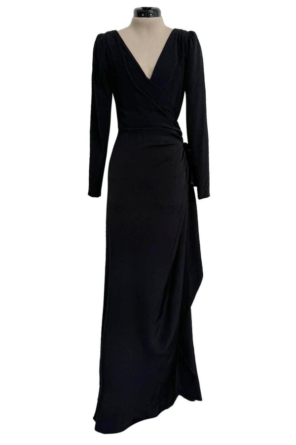Exceptional Fall 1983 Yves Saint Laurent Haute Couture Runway Black Silk Wrap Dress w Bow Detail