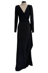 Exceptional Fall 1983 Yves Saint Laurent Haute Couture Runway Black Silk Wrap Dress w Bow Detail