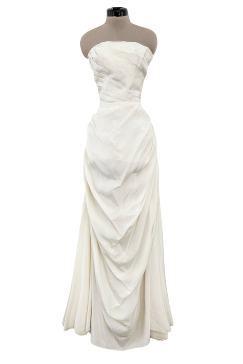 Prettiest 1950s Fred Perlberg Strapless Ivory Dress w Gathered Back Skirting & Net Cotton Muslin Underskirts