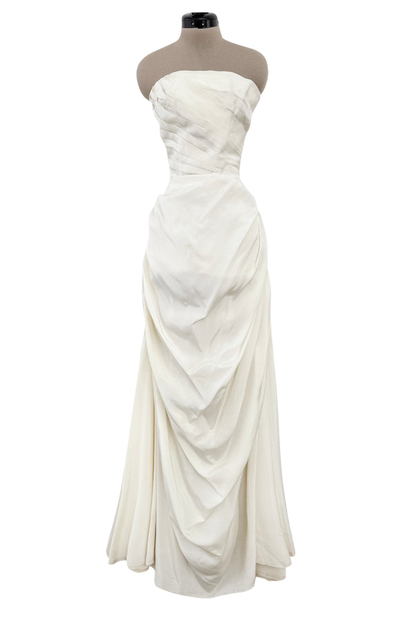 Prettiest 1950s Fred Perlberg Strapless Ivory Dress w Gathered Back Skirting & Net Cotton Muslin Underskirts