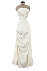 Prettiest 1950s Fred Perlberg Strapless Ivory Dress w Gathered Back Skirting & Net Cotton Muslin Underskirts