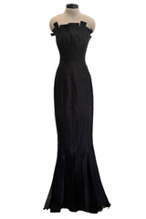 Fantastic c.1983 Thierry Mugler Black Raw Silk Vertical Panel Dress w Car Wash Hem & Silk Chiffon