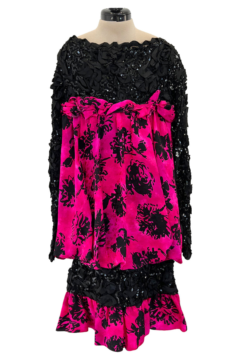 Dramatic Fall 1987 Yves Saint Laurent Runway Pink & Floral Silk Dress Shrimpton Couture Dramatic Fall 1987 Yves Saint Laurent Runway Pink & Floral Silk Dress Shrimpton Couture