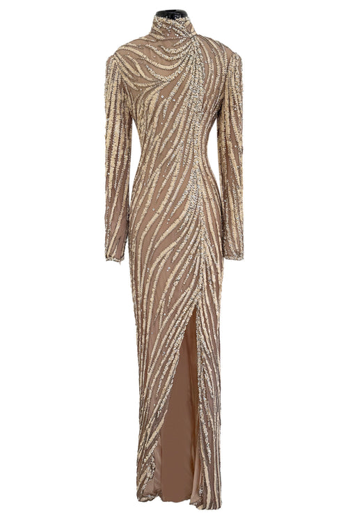 Incredible & Rare 1980s Bob Mackie Well Documented Ivory Sequin & Nude Stretch Net High Slit Dress