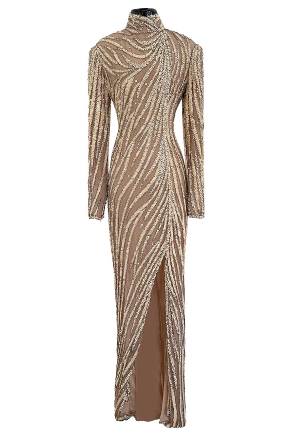 Incredible & Rare 1980s Bob Mackie Well Documented Ivory Sequin & Nude Stretch Net High Slit Dress