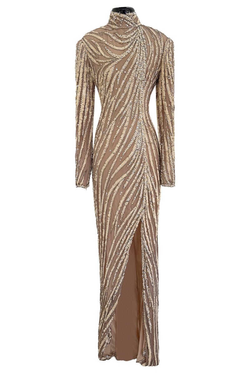 Incredible & Rare 1980s Bob Mackie Well Documented Ivory Sequin & Nude Stretch Net High Slit Dress