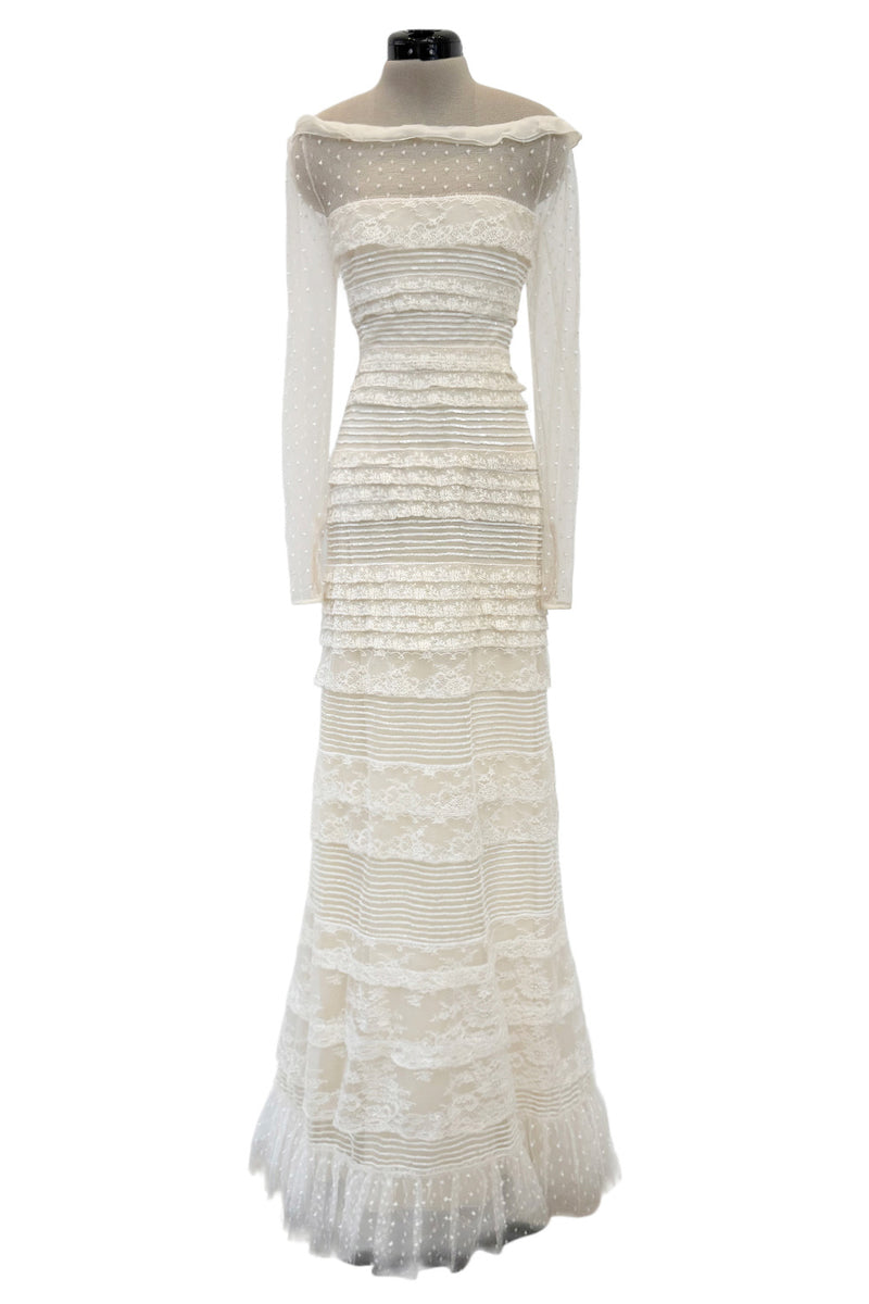 2012 Valentino by Pierpaolo Piccioli & Maria Grazia Chiuri Tiered Ivory Lace Net Dress w Sequin & Bead Detailing