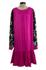 Flapper Inspired 1980s Yves Saint Laurent Easy Fit Brilliant Pink Silk Dress w Black Floral Lace Sleeves